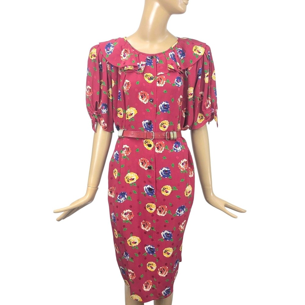 Ungaro Vintage oversized 1980's Glamoratti‎ Red Silk Floral Dress Ruffled collar